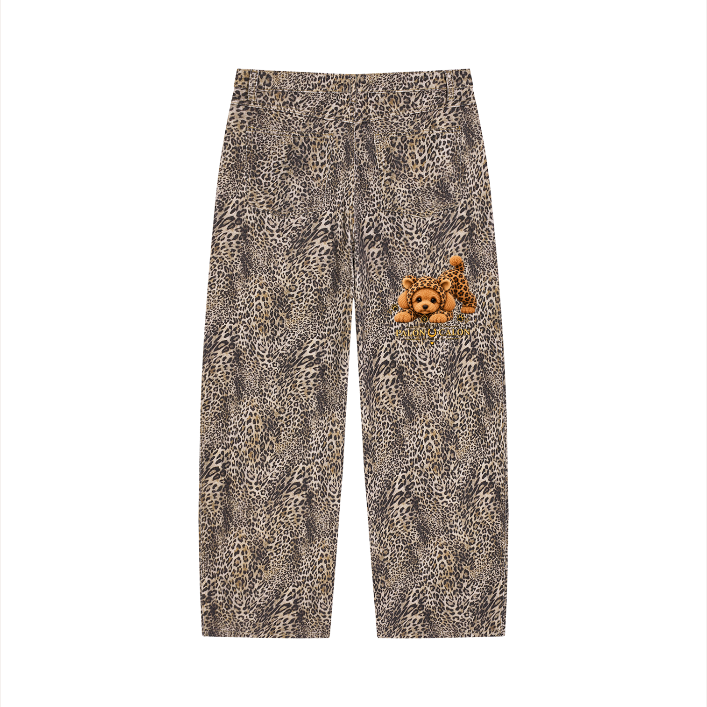 Unisex Vintage Wash Leopard Wide Leg Jeans