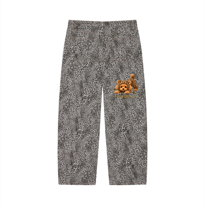 Unisex Vintage Wash Leopard Wide Leg Jeans
