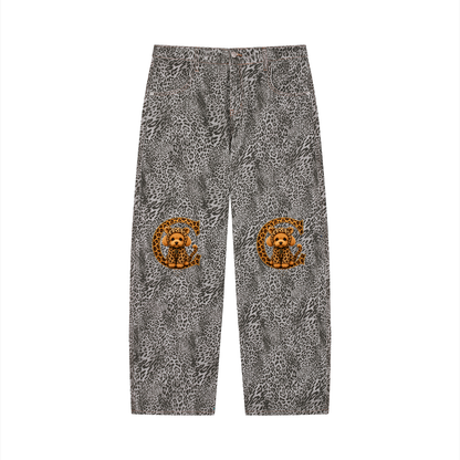 Unisex Vintage Wash Leopard Wide Leg Jeans