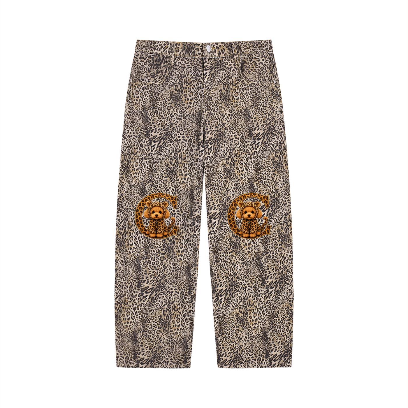 Unisex Vintage Wash Leopard Wide Leg Jeans