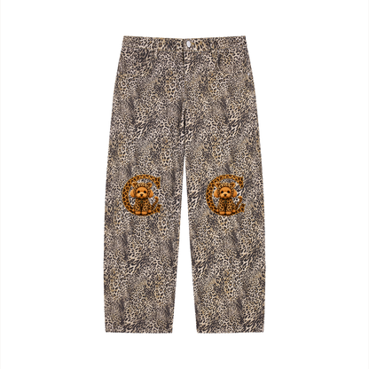 Unisex Vintage Wash Leopard Wide Leg Jeans