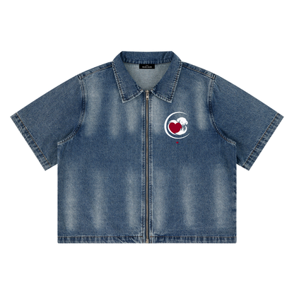 Unisex Vintage Washed Full-Zip Denim Shirt