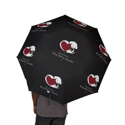 コンパクト 折りたたみ傘 — ブラック セミオートマチック 雨傘 レッドハートロゴ | 雨の日に、静かな個性を纏う