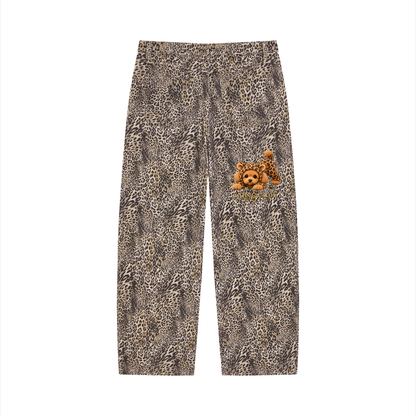 Unisex Vintage Wash Leopard Wide Leg Jeans