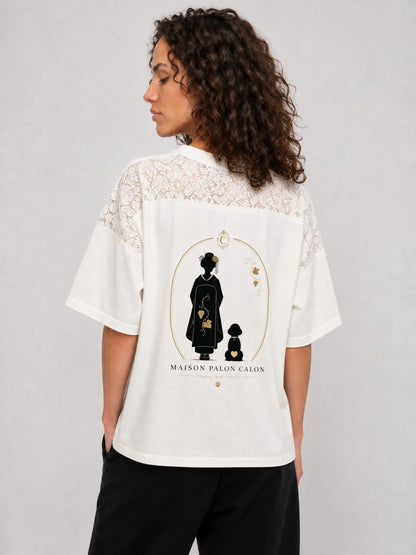 KYOTO | ユニセックス レース パネリング Vネック Tシャツ / Unisex Lace Paneling V-Neck T-Shirt