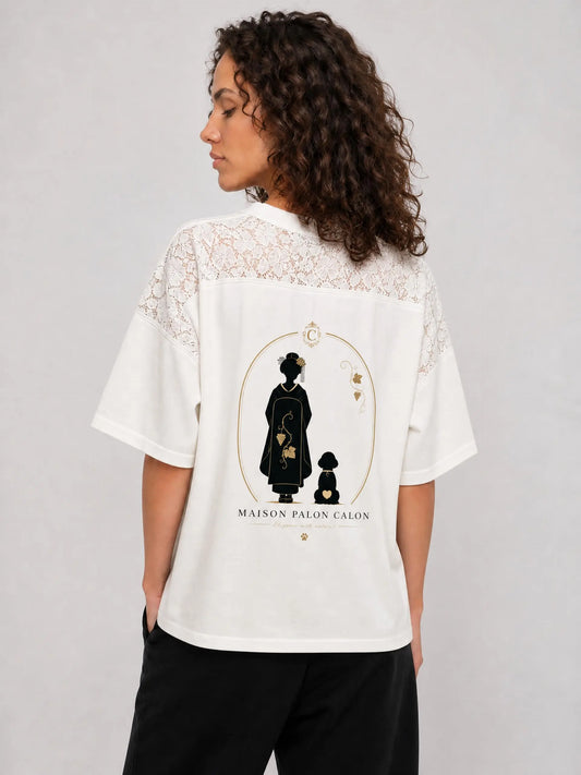 KYOTO | ユニセックス レース パネリング Vネック Tシャツ / Unisex Lace Paneling V-Neck T-Shirt