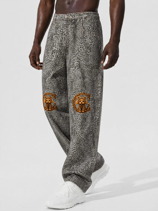 LEOPARD | ユニセックス ヴィンテージウォッシュ レオパード ワイドレッグ ジーンズ | Unisex Vintage Wash Leopard Wide Leg Jeans